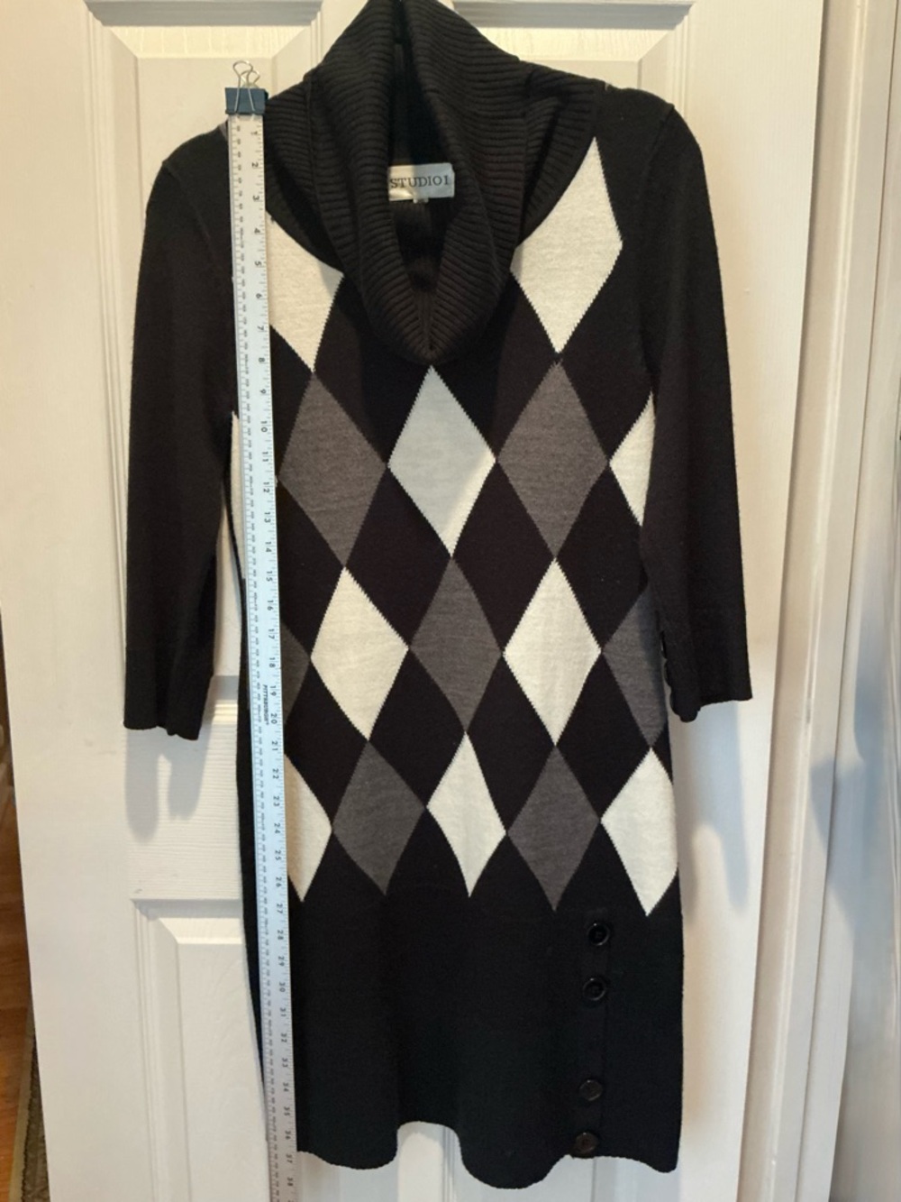 Studio I Black, Gray & White Argyle Cowl-Neck Sweater Dress